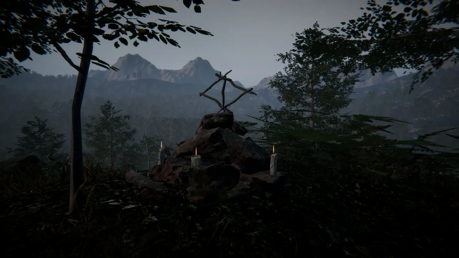 A wooden cross on a stone shrine in the forest
